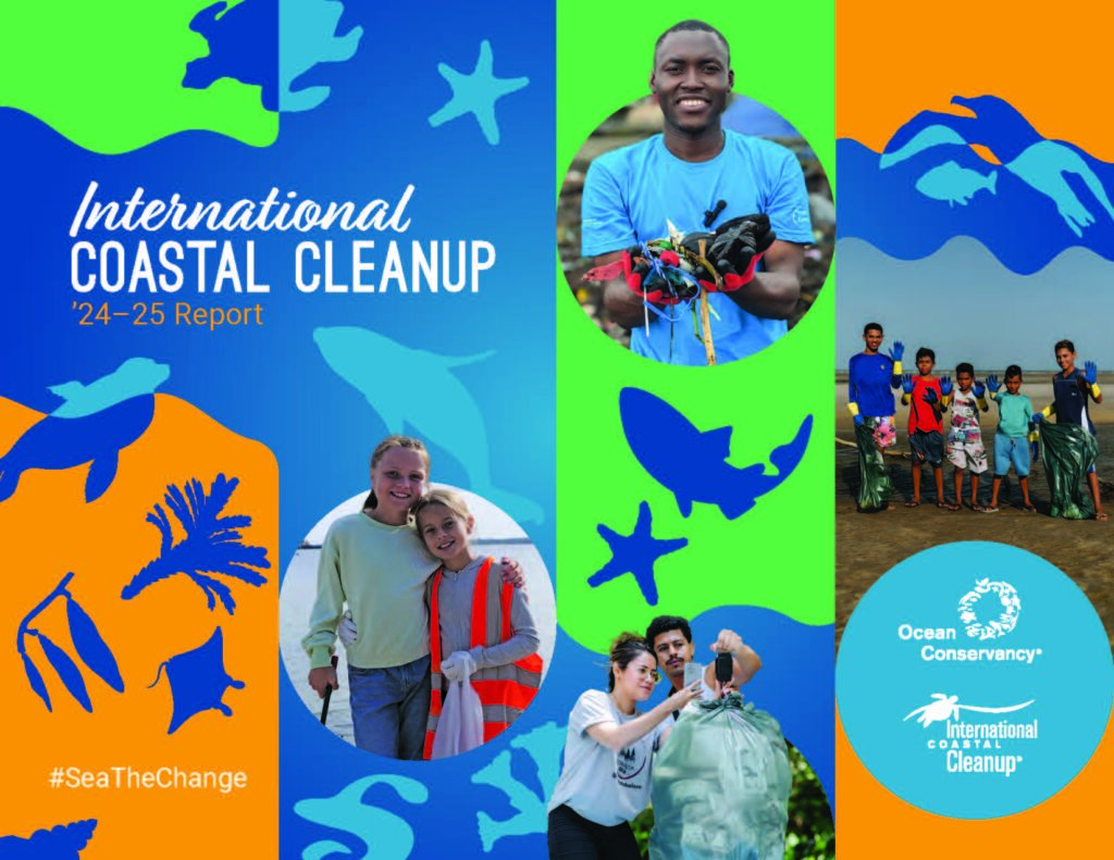The cover of the International Coastal Cleanup 2025 report. Tiles of orange, green and blue back up silhouetted images of ocean critters and photographs of people cleaning ocean coasts and waterways.